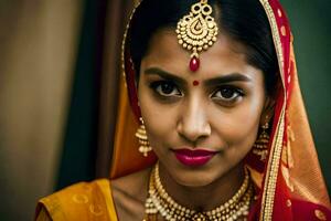 a beautiful indian woman wearing a traditional bridal outfit. AI-Generated photo