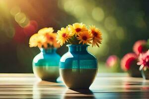 two vases with flowers on a table. AI-Generated photo