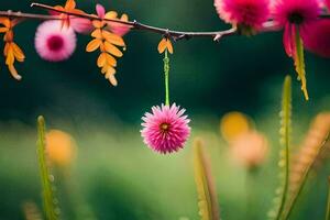 pink flowers hanging from a branch in a field. AI-Generated photo