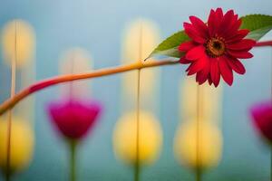 a red flower is sitting on a fence with yellow and pink flowers. AI-Generated photo