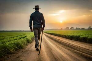 a man walking on a dirt road with a cane. AI-Generated photo