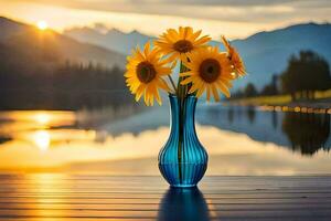 sunflowers in a blue vase on a wooden table with mountains in the background. AI-Generated photo