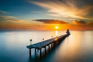 a long exposure photograph of a lighthouse on a pier. AI-Generated photo