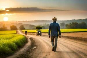 a man walking down a dirt road with a tractor and a man in a hat. AI-Generated photo