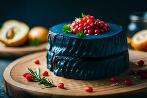 a dark chocolate cake with berries and a lemon. AI-Generated photo