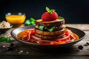 a stack of food on a plate with strawberries. AI-Generated photo