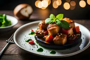 a plate with food on it and a fork. AI-Generated photo