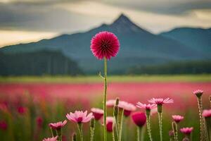 pink flowers in front of a mountain. AI-Generated photo