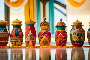 a row of colorful vases lined up on a table. AI-Generated photo