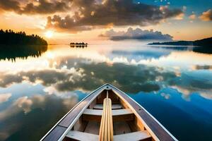 un barco es flotante en un calma lago a puesta de sol. generado por ai foto