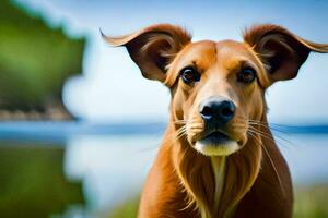 a brown dog with long ears standing in front of the water. AI-Generated photo