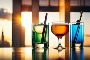 Tres lentes de diferente de colores bebidas en un mesa. generado por ai foto