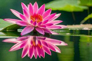 rosado loto flor en agua con verde hojas. generado por ai foto