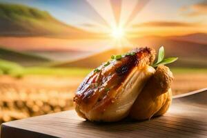 a chicken on a wooden board with the sun setting behind it. AI-Generated photo