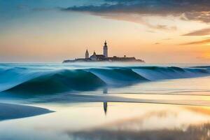 un faro es visto en el distancia como olas choque dentro el costa. generado por ai foto