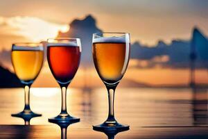 Tres lentes de vino en un mesa con un puesta de sol en el antecedentes. generado por ai foto