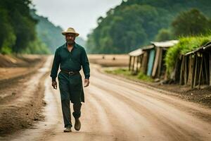 a man in a hat and green shirt walking down a dirt road. AI-Generated photo