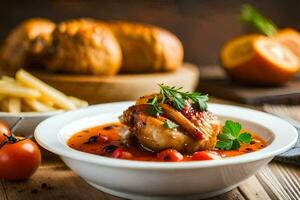 pollo con tomate salsa y francés papas fritas generado por ai foto