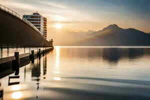 a boat dock with a mountain in the background. AI-Generated photo