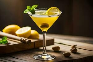 cocktail with lemon and mint on a wooden table. AI-Generated photo