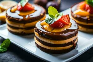 three cakes with chocolate and strawberries on a white plate. AI-Generated photo