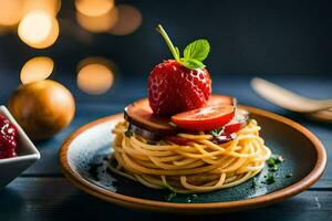 spaghetti with strawberries and tomatoes on a plate. AI-Generated photo