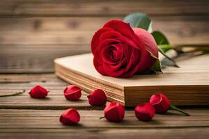 a red rose is sitting on top of an open book. AI-Generated photo