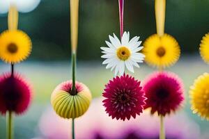 vistoso flores colgando desde instrumentos de cuerda en un jardín. generado por ai foto