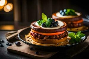 two hamburgers on a plate with blueberries. AI-Generated photo