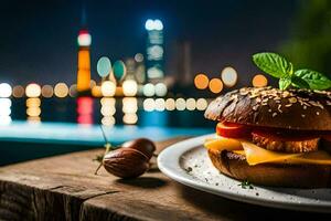 un hamburguesa con queso con queso y Tomates en un plato con un paisaje urbano en el antecedentes. generado por ai foto