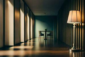 a long hallway with a table and lamp. AI-Generated photo