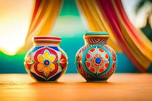 two colorful vases on a wooden table. AI-Generated photo