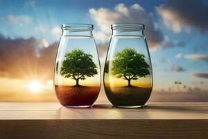 two bottles with trees inside them, one with a tree and the other with a tree. AI-Generated photo