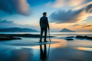 a man in a suit stands on the beach at sunset. AI-Generated photo