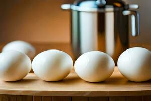 five eggs are arranged on a wooden table. AI-Generated photo