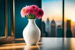 a vase with pink flowers sitting on a table in front of a window. AI-Generated photo