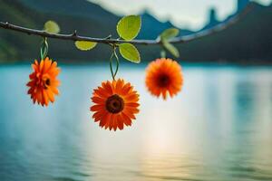 photo wallpaper the sky, flowers, the lake, mountains, the sun, flowers, the lake. AI-Generated