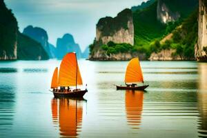 two boats with orange sails floating in the water. AI-Generated photo