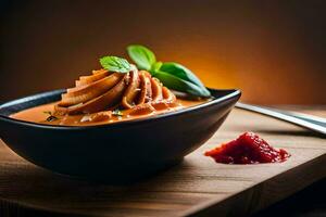 un cuenco de pasta con tomate salsa y albahaca. generado por ai foto