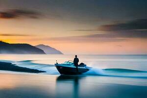 un hombre es montando un motor barco en el Oceano a puesta de sol. generado por ai foto