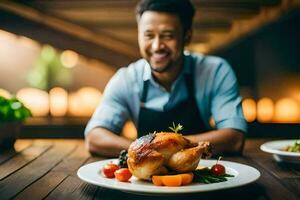 un hombre sonrisas mientras sentado a un mesa con un pollo. generado por ai foto