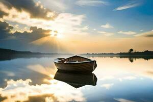 a boat floating on a calm lake at sunset. AI-Generated photo