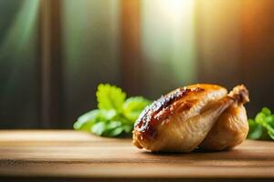 a chicken on a wooden cutting board with herbs. AI-Generated photo