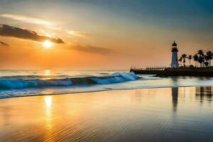 a lighthouse is reflected in the water at sunset. AI-Generated photo