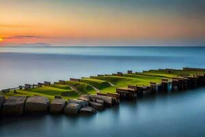 a long exposure photograph of a pier in the ocean. AI-Generated photo