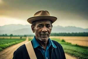 an older man wearing a hat stands in a field. AI-Generated photo