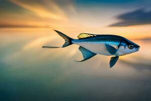 un pescado es volador mediante el aire a puesta de sol. generado por ai foto