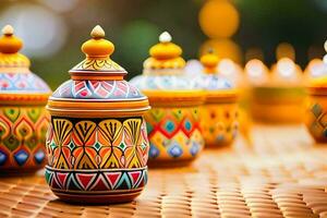 colorful painted pots on a table. AI-Generated photo