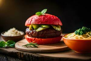 un hamburguesa con tomate, queso y hierbas. generado por ai foto