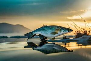 un pescado es en pie en el apuntalar a puesta de sol. generado por ai foto